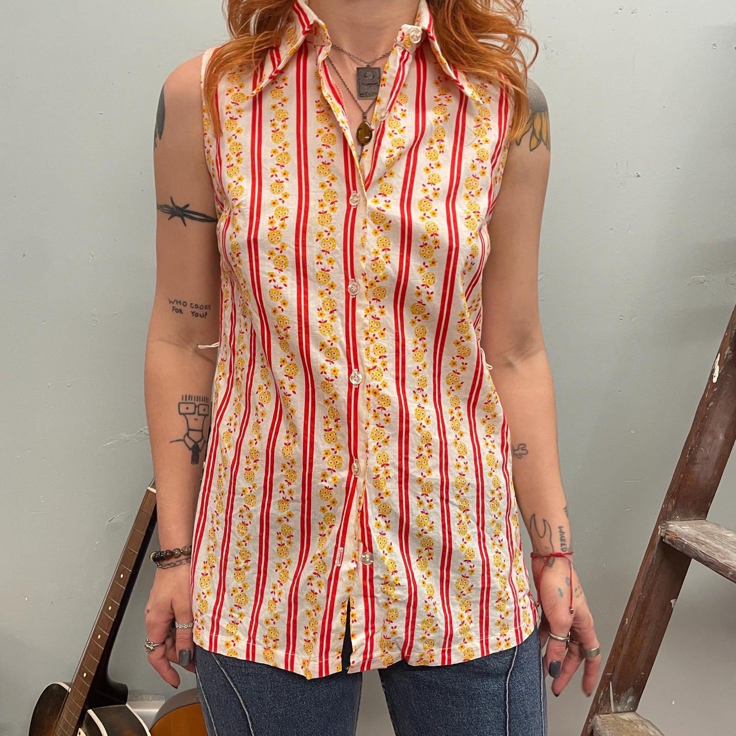 vtg 60s FLORAL STRIPED BUTTON down top // vintage apple pattern flower power all over print pointy collar mod kitschy retro style fashion