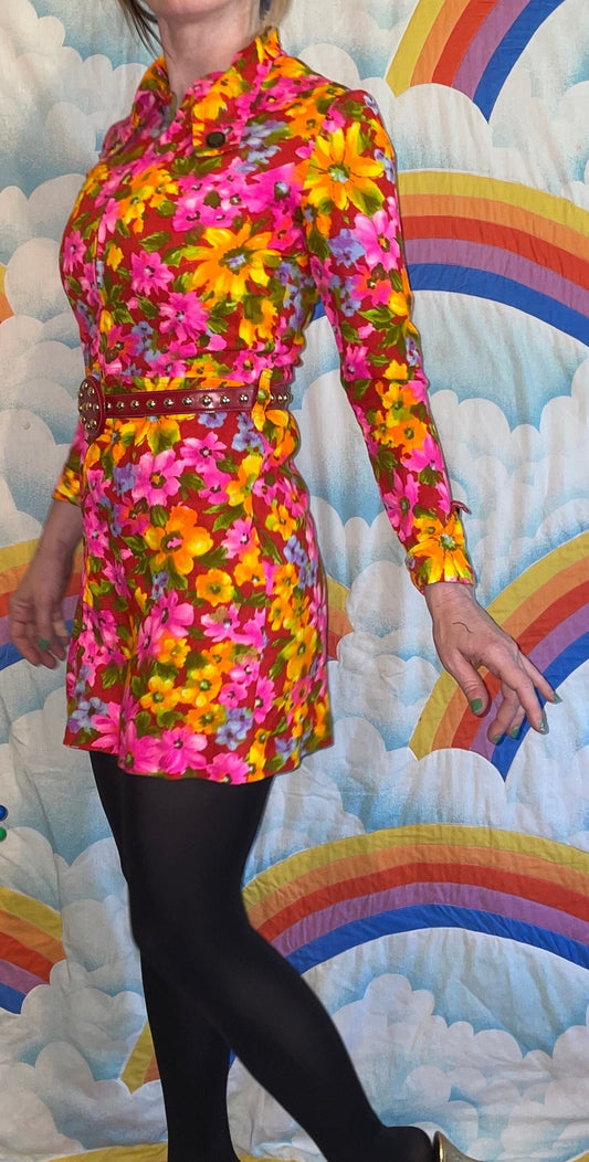 vtg 60s PSYCHEDELIC MINI DRESS // vintage square collar neon floral zip up mod hippie retro button  hawaiian barkcloth pink yellow autumn