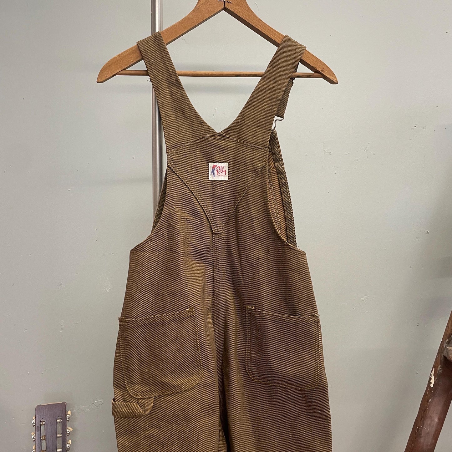 vtg 70s POLLY OVERALL SHORTS // goldish brown petite workwear coveralls jants camo rugged hunter carhartt style retro playsuit romper denim