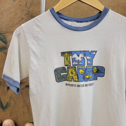 vtg 70s try CAMP RINGER TEE // Minnesota vintage united methodist youth boy girl scout retreat mn woods northern wet hot american summer
