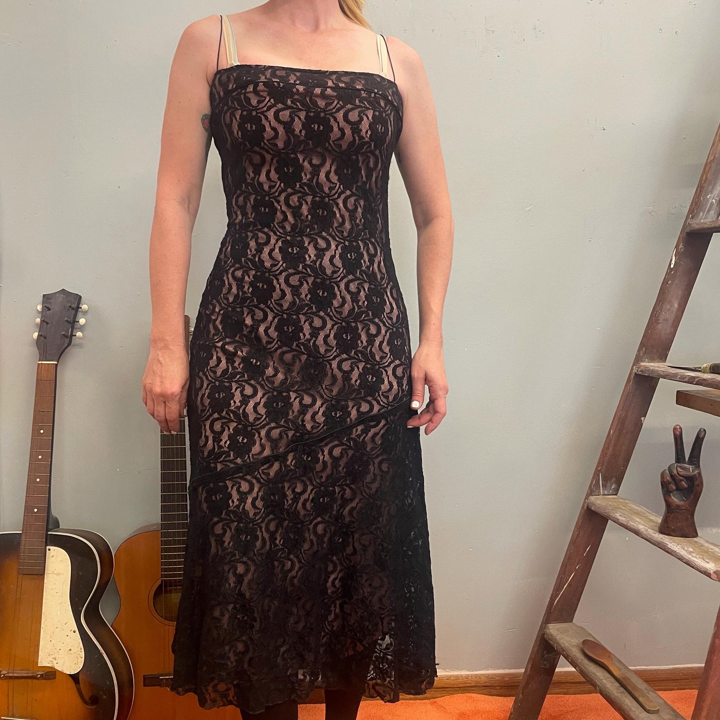 vtg 90s BLACK LACE FORMAL Dress // pink overlay full length formal Y2K slinky tank dress cocktail party 2000's style mesh spaghetti straps