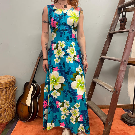 vtg 70s FLORAL HAWAIIAN MAXI Dress // vintage royal hawaiian barkcloth full length xs tank slip vacation style tourist beach style tropical