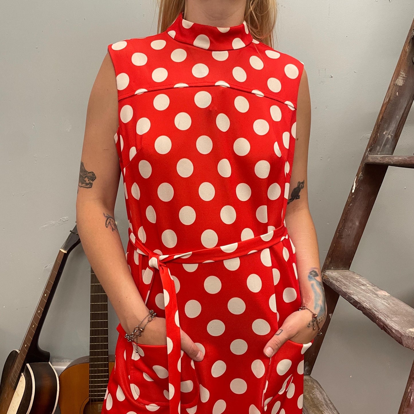 vtg 60s RED POLKA DOT Dress // vintage cute retro geometric print belted mini dress with pockets cute casual funky mod space age go go shift