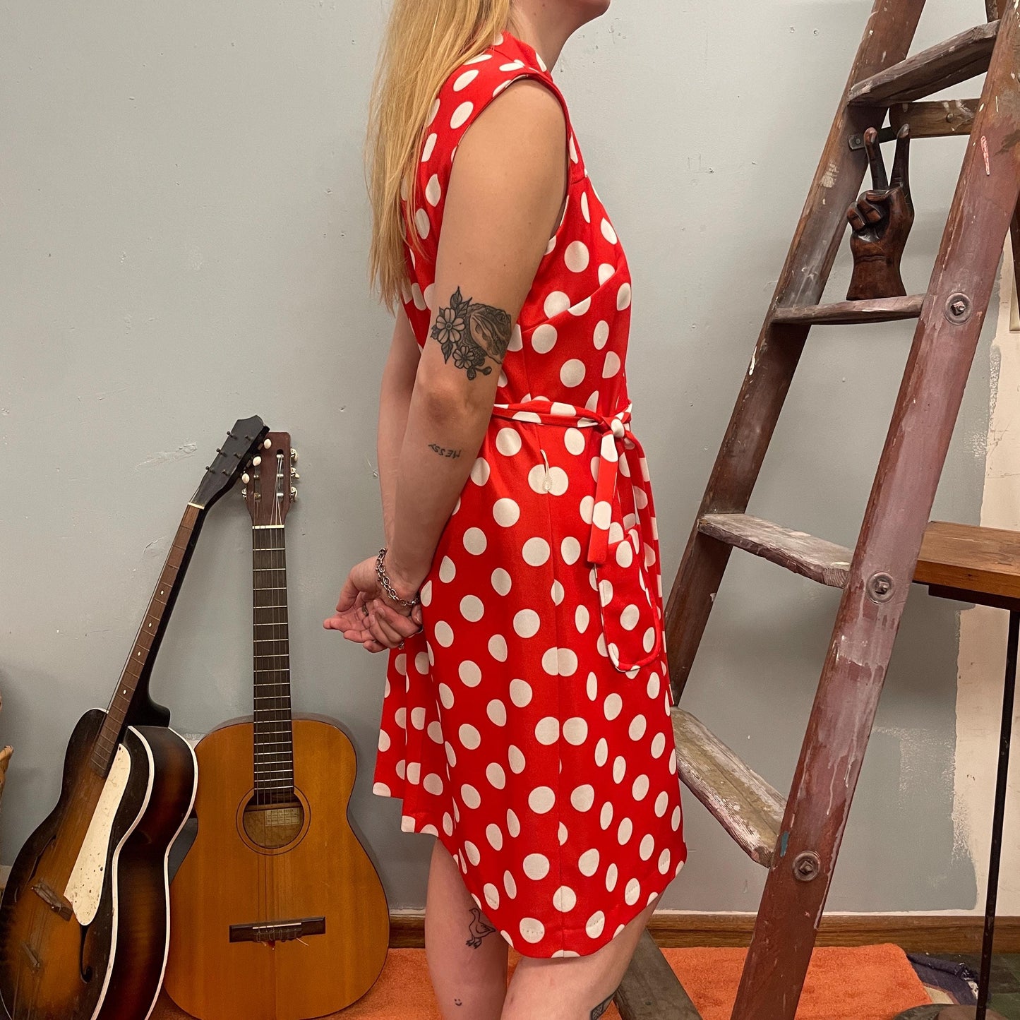 vtg 60s RED POLKA DOT Dress // vintage cute retro geometric print belted mini dress with pockets cute casual funky mod space age go go shift