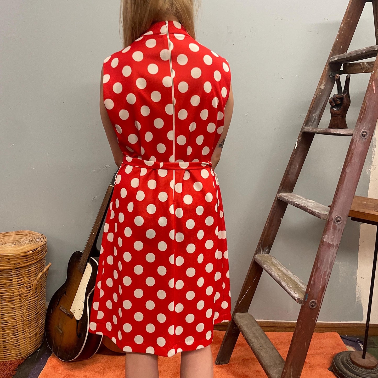 vtg 60s RED POLKA DOT Dress // vintage cute retro geometric print belted mini dress with pockets cute casual funky mod space age go go shift