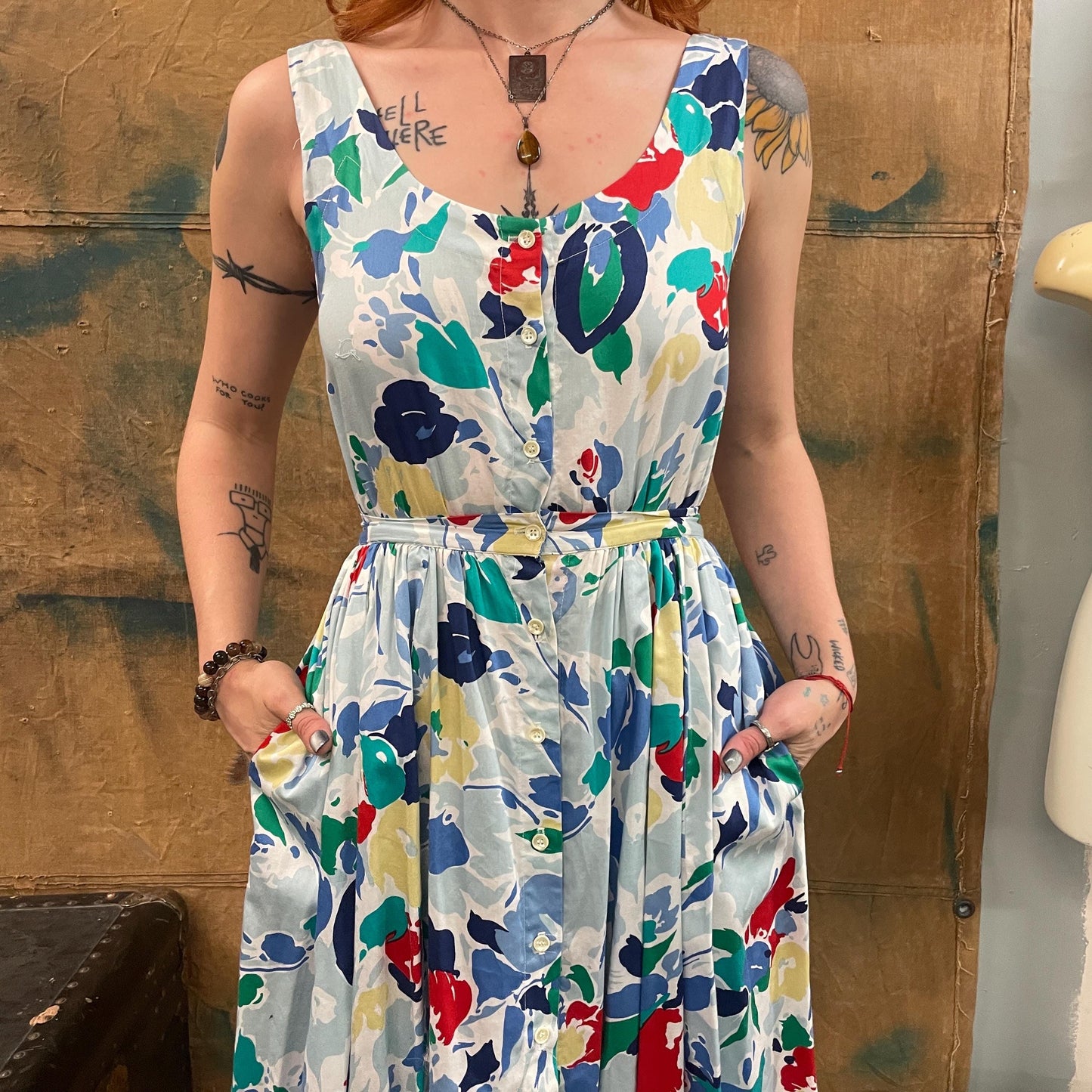 vtg 80s FLORAL TANK DRESS // vintage full length autumn layering dress with pockets button up flowy skirt cottage garden patterned flirty