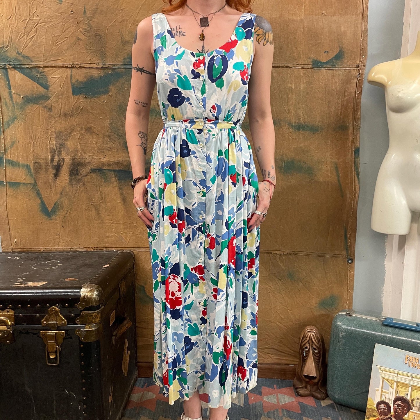 vtg 80s FLORAL TANK DRESS // vintage full length autumn layering dress with pockets button up flowy skirt cottage garden patterned flirty