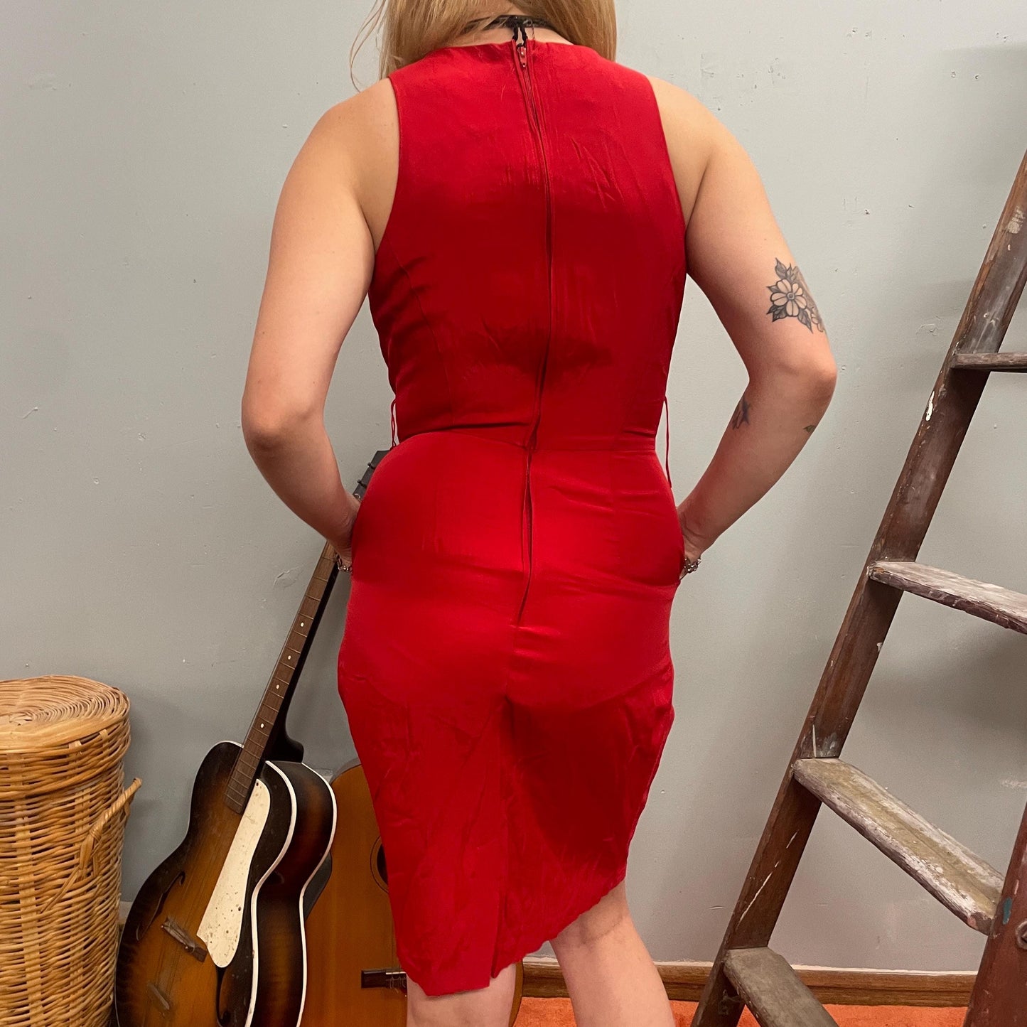 vtg 80s SLINKY RED RAYON Dress // vintage fit flare blouson sexy tank dress with pockets size 8 womens sleeveless layering date flirty mini