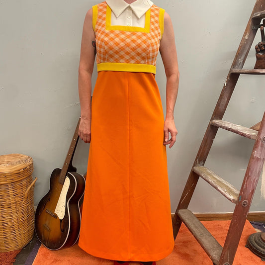 vtg 70s MOD VESTED MAXI // vintage checkered yellow & orange retro colorway pointy collar kitschy twee mod empire waist poly knit long dress