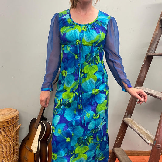 vtg 70s HAWAIIAN MAXI DRESS // vintage bright floral sheer sleeve water color style floral full length long sleeve hostess party hippie mod