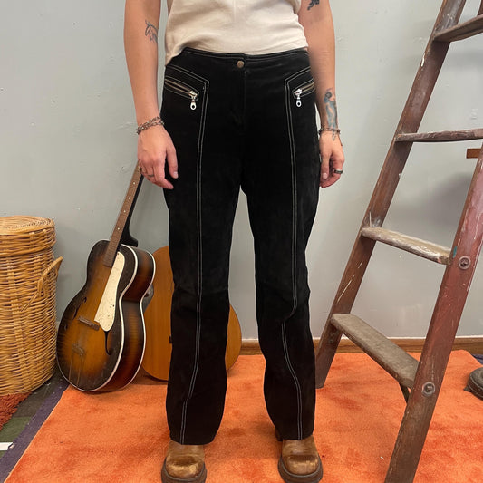 vtg 90s LEATHER ZIPPER PANTS // vintage y2k suede black white contrast stitch bareback biker rocker straight leg bootcut western hippie