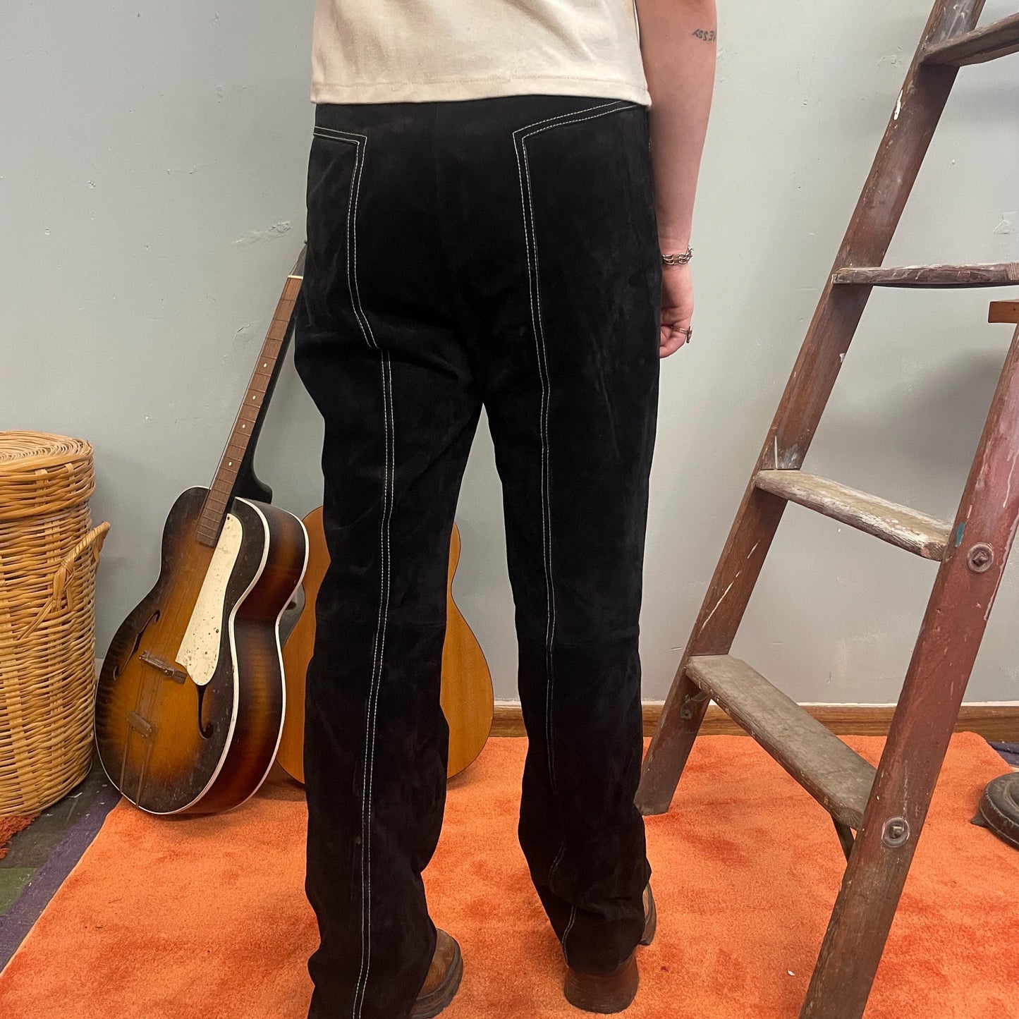 vtg 90s LEATHER ZIPPER PANTS // vintage y2k suede black white contrast stitch bareback biker rocker straight leg bootcut western hippie