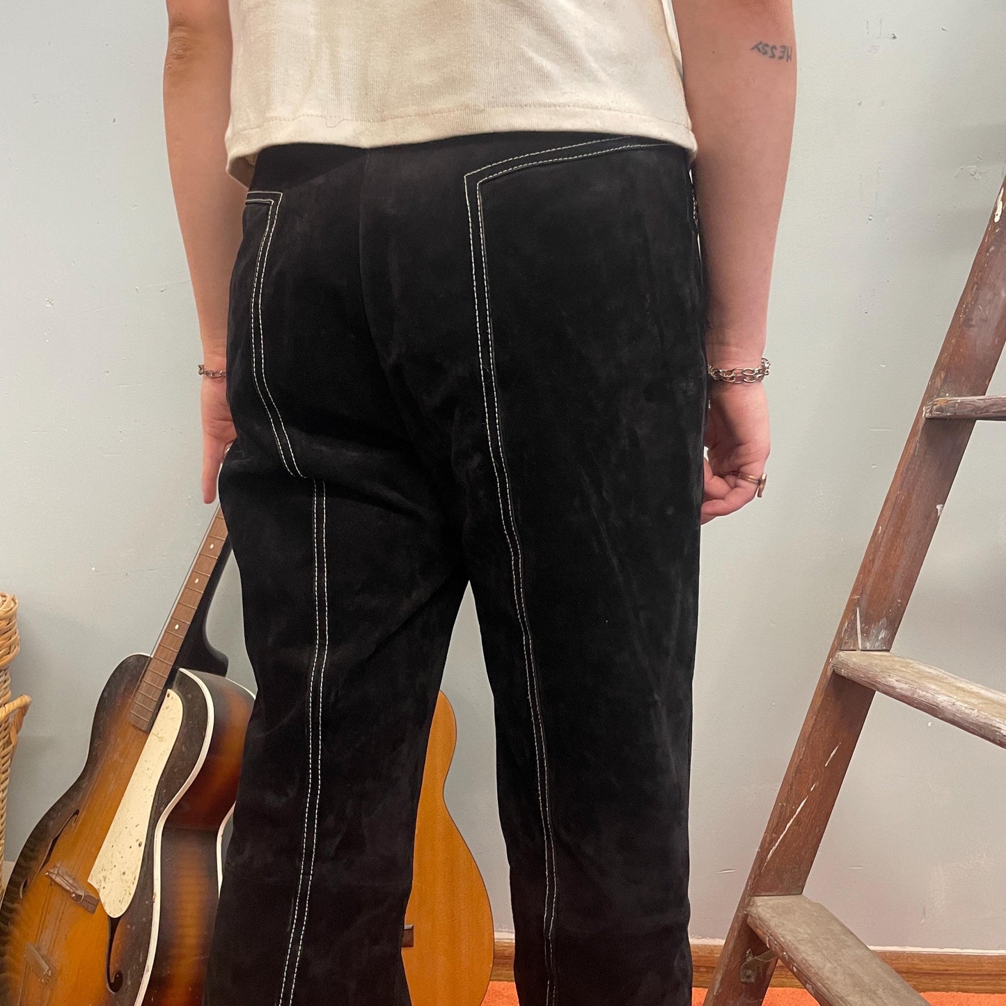 vtg 90s LEATHER ZIPPER PANTS // vintage y2k suede black white contrast stitch bareback biker rocker straight leg bootcut western hippie