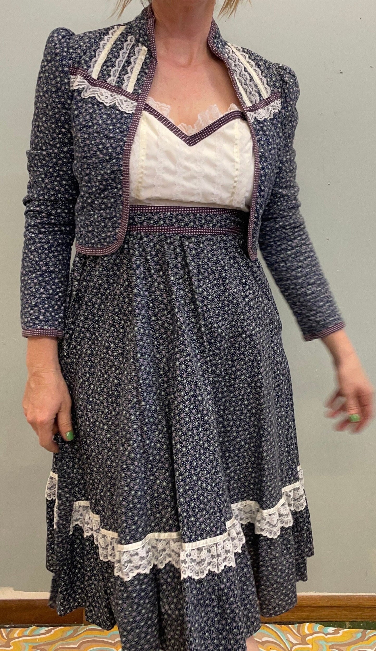 vtg 70s GUNNE SAX DRESS // 2 piece  skirt &  quilted mini jacket set blue purple floral belted prairie style autumn fall back to school boho