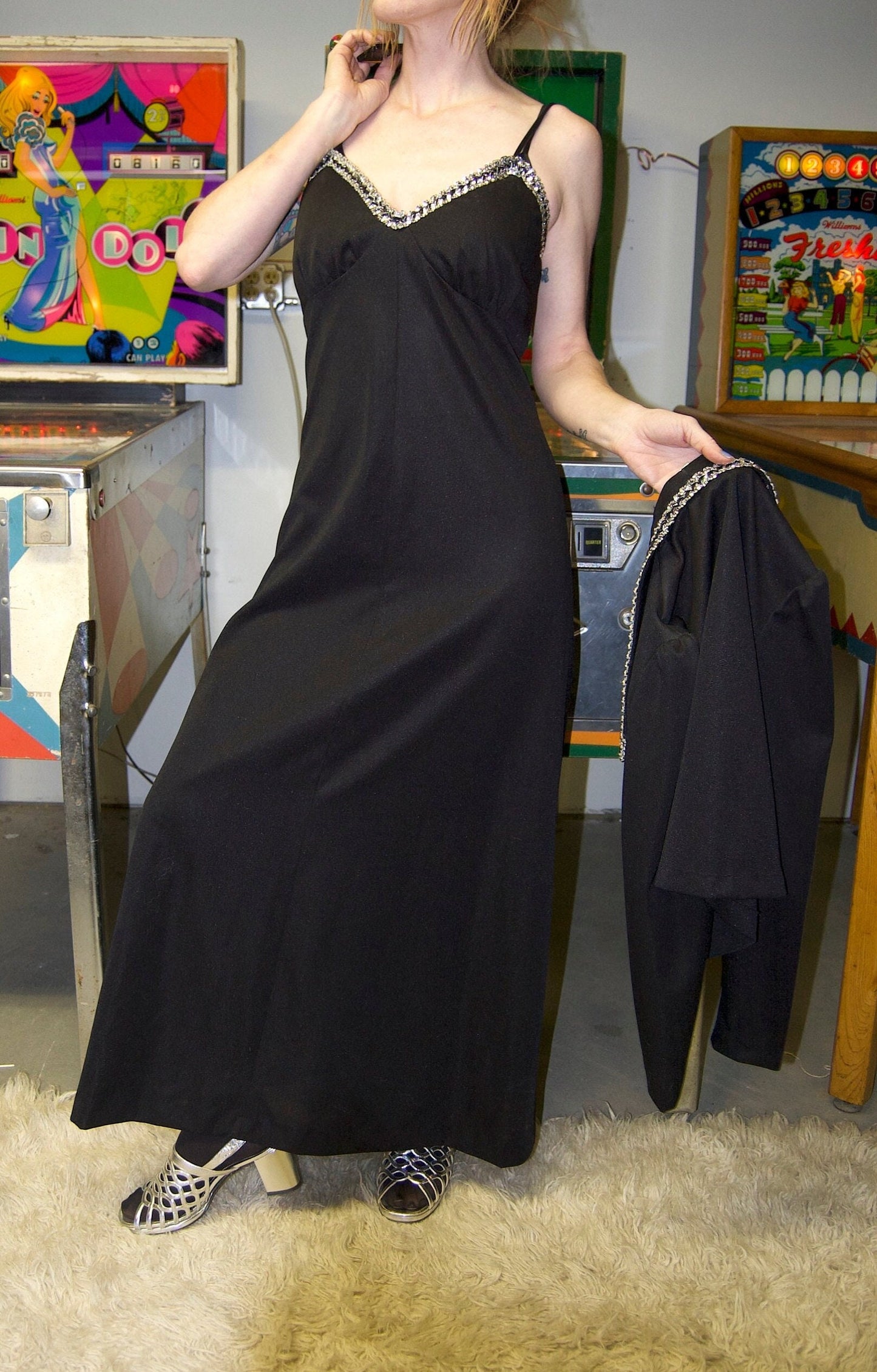 vtg 70s RHINESTONE MAXI SET  // 2 piece black & silver full length evening gown cocktail dress bias cut fancy goth flowy halter v neck top