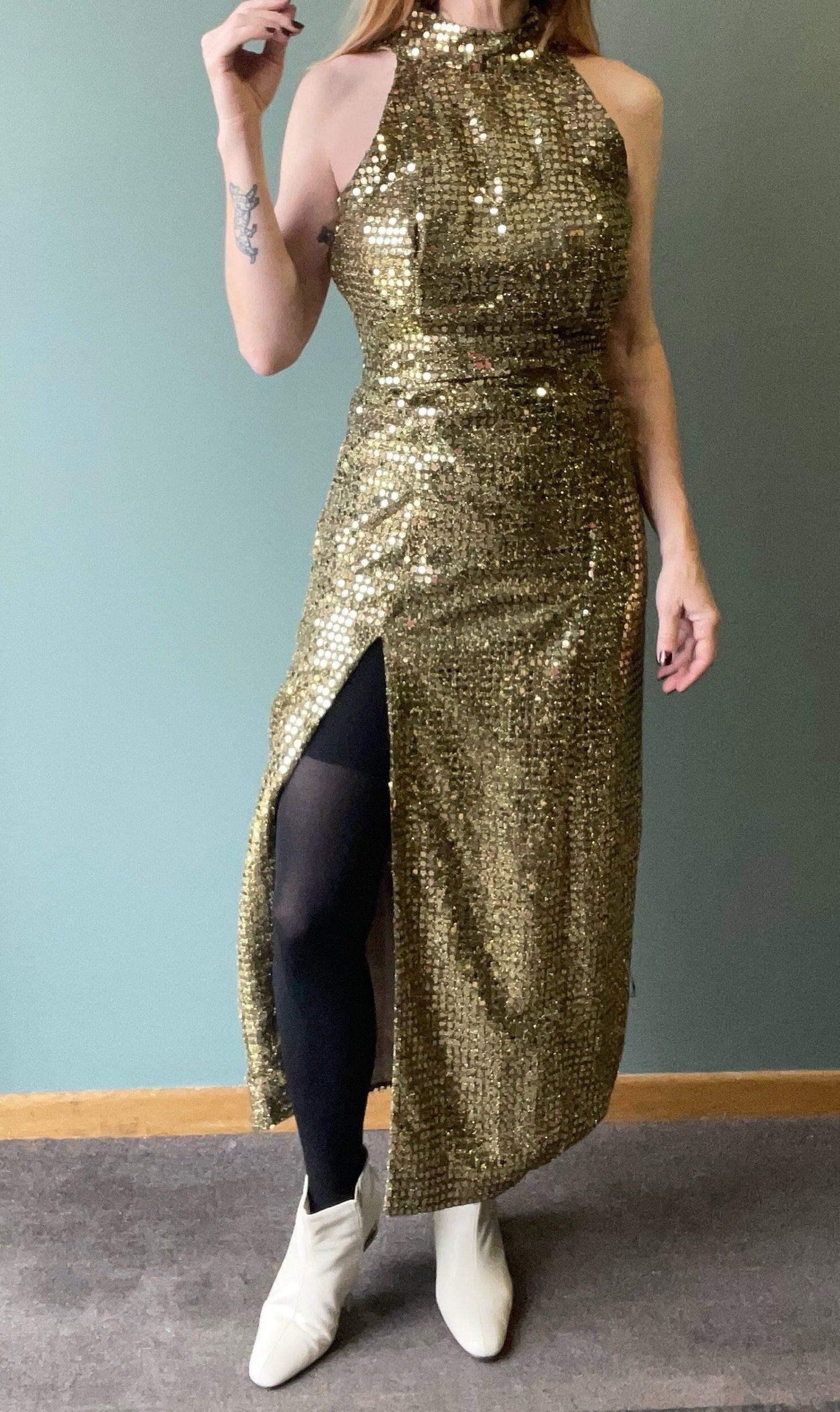 vtg 80s GOLD SEQUIN PARTY Dress // high slit evening dress sexy cocktail party dress gold sparkly halter mock neck sleeveless thigh slits