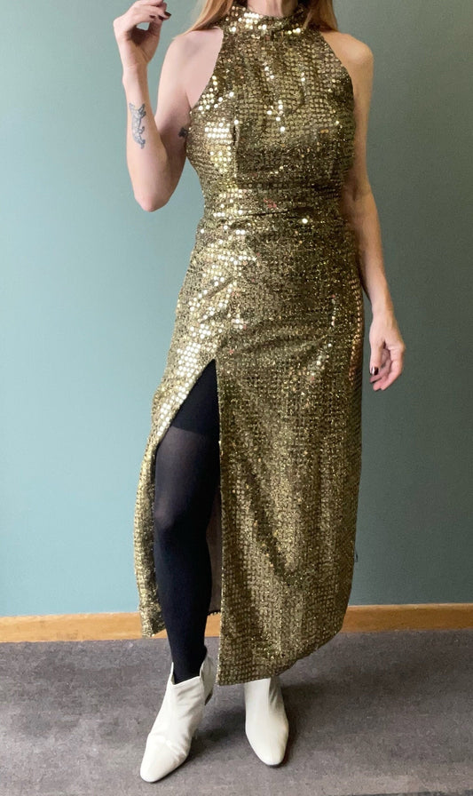 vtg 80s GOLD SEQUIN PARTY Dress // high slit evening dress sexy cocktail party dress gold sparkly halter mock neck sleeveless thigh slits