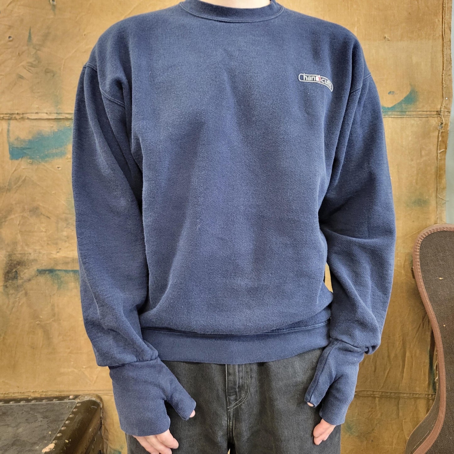 vtg 90s GLOVED handcuffs SWEATSHIRT // vintage brand style designer fashion grunge hype blue navy true fade thumb holes skater punk style