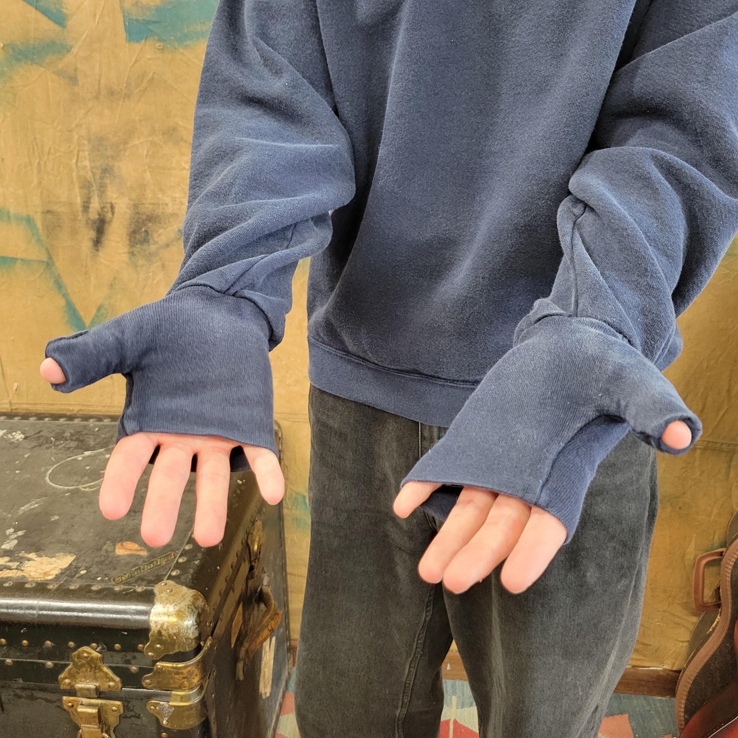 vtg 90s GLOVED handcuffs SWEATSHIRT // vintage brand style designer fashion grunge hype blue navy true fade thumb holes skater punk style