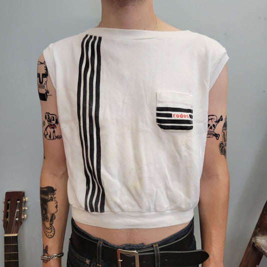 vtg 80s RODOS SLEEVELESS TOP // vintage short sleeve sweatshirt tee shirt greece hot rod racing brand stripes flag car moto biker race retro