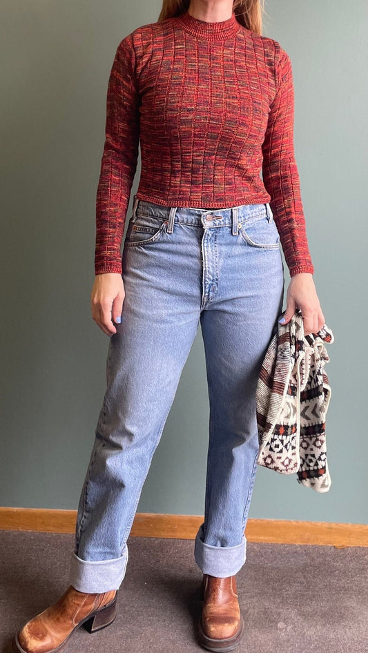 vtg 80s SPACE DYE SWEATER // vintage confetti multicolor speckled fitted cropped knit top mock neck ribbed textured warm earth tones autumn