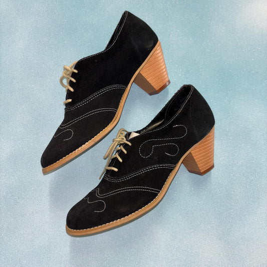 Vtg 70s BLACK SUEDE SHOES // vintage new old stock never worn embroidered platform western rockabilly chunky ankle boots thick wooden heels