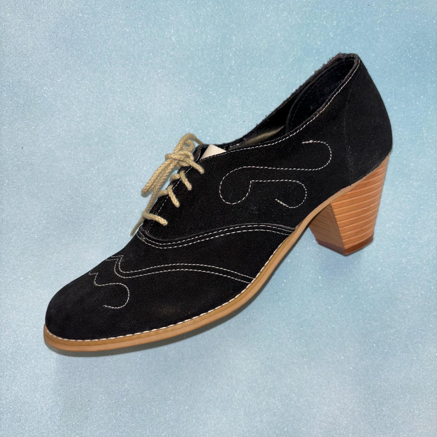 Vtg 70s BLACK SUEDE SHOES // vintage new old stock never worn embroidered platform western rockabilly chunky ankle boots thick wooden heels