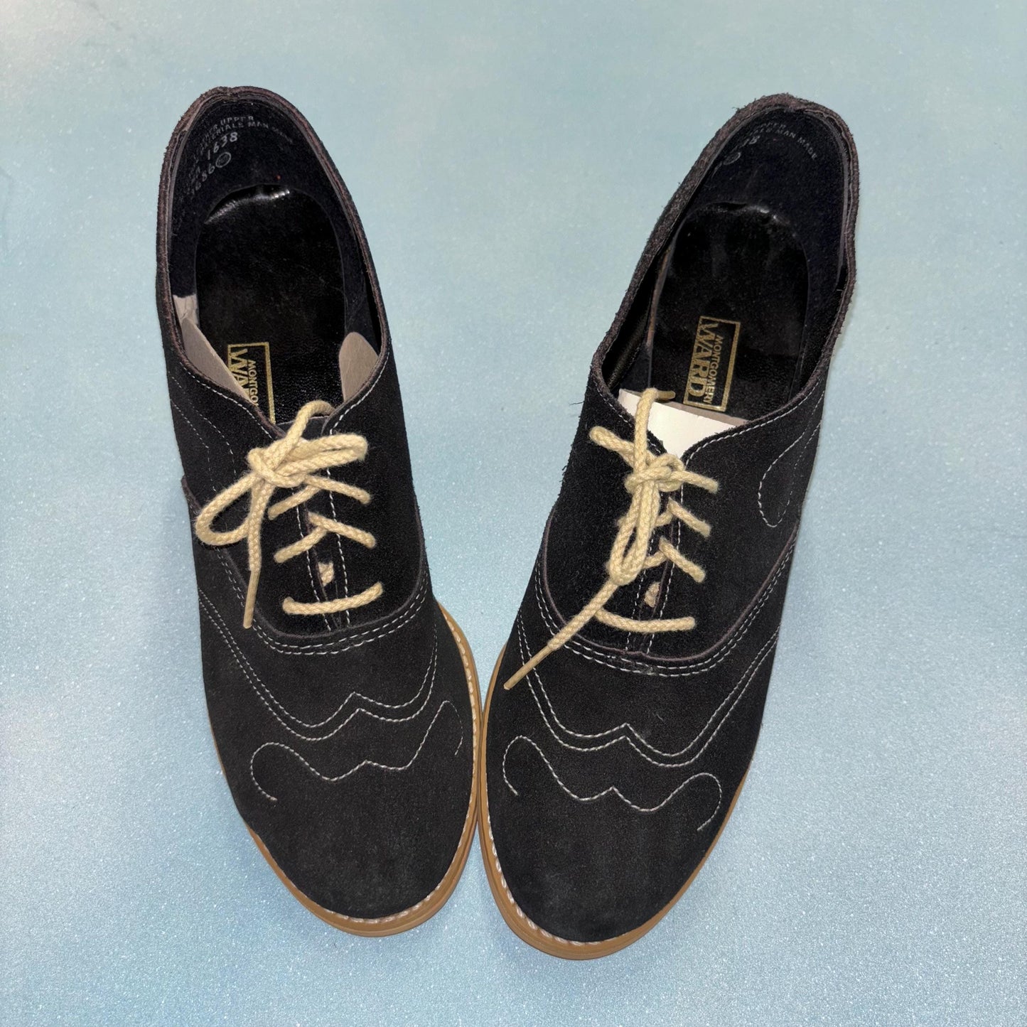 Vtg 70s BLACK SUEDE SHOES // vintage new old stock never worn embroidered platform western rockabilly chunky ankle boots thick wooden heels