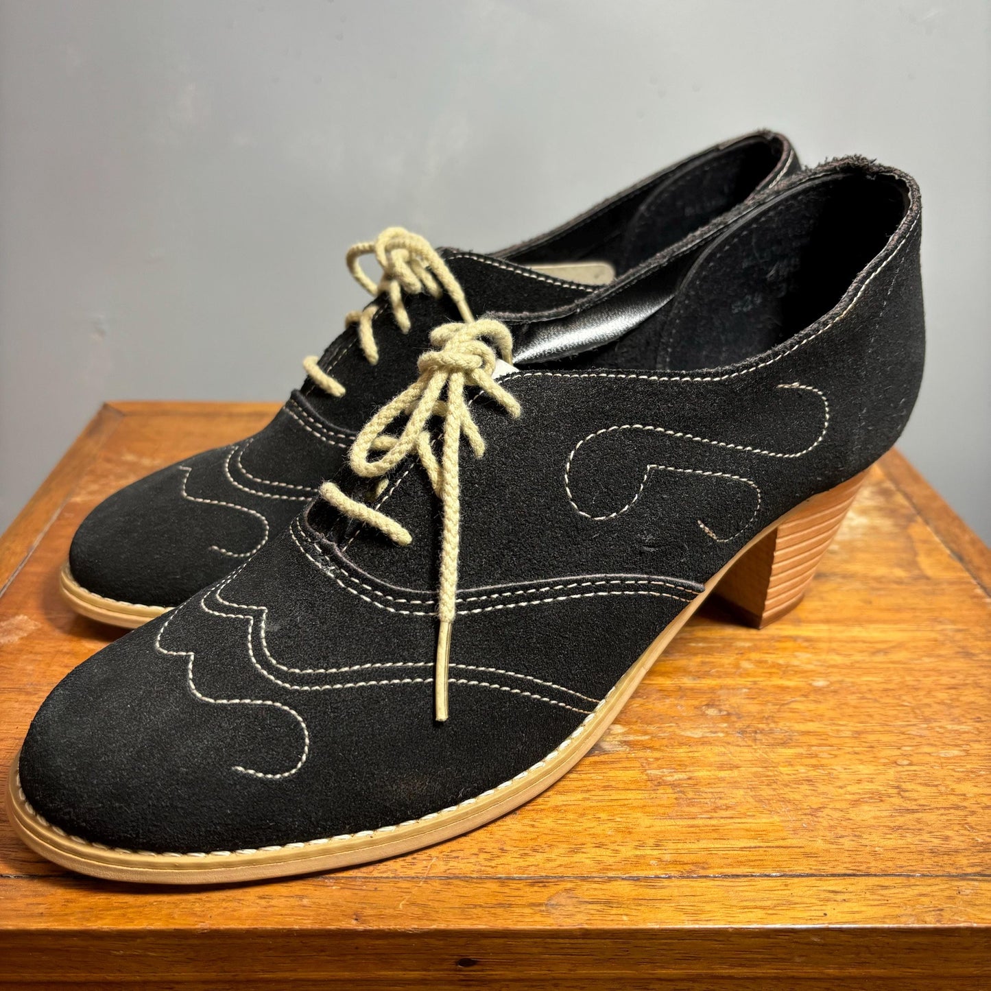 Vtg 70s BLACK SUEDE SHOES // vintage new old stock never worn embroidered platform western rockabilly chunky ankle boots thick wooden heels