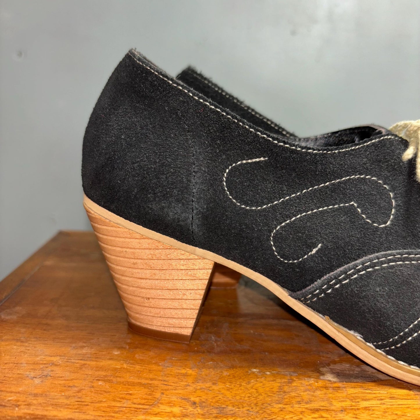 Vtg 70s BLACK SUEDE SHOES // vintage new old stock never worn embroidered platform western rockabilly chunky ankle boots thick wooden heels
