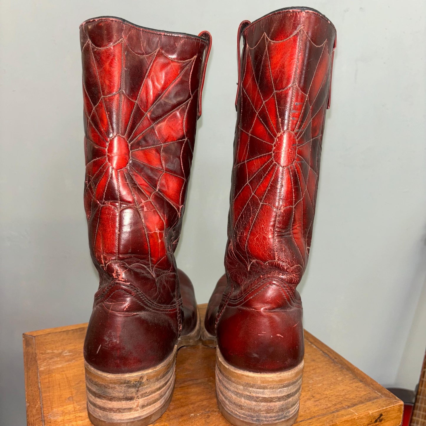 vtg 70s SPIDER WEB BOOTS // insane tooled red leather spider pattern calf high round toe wooden platforms cowboy western rodeo queen grail