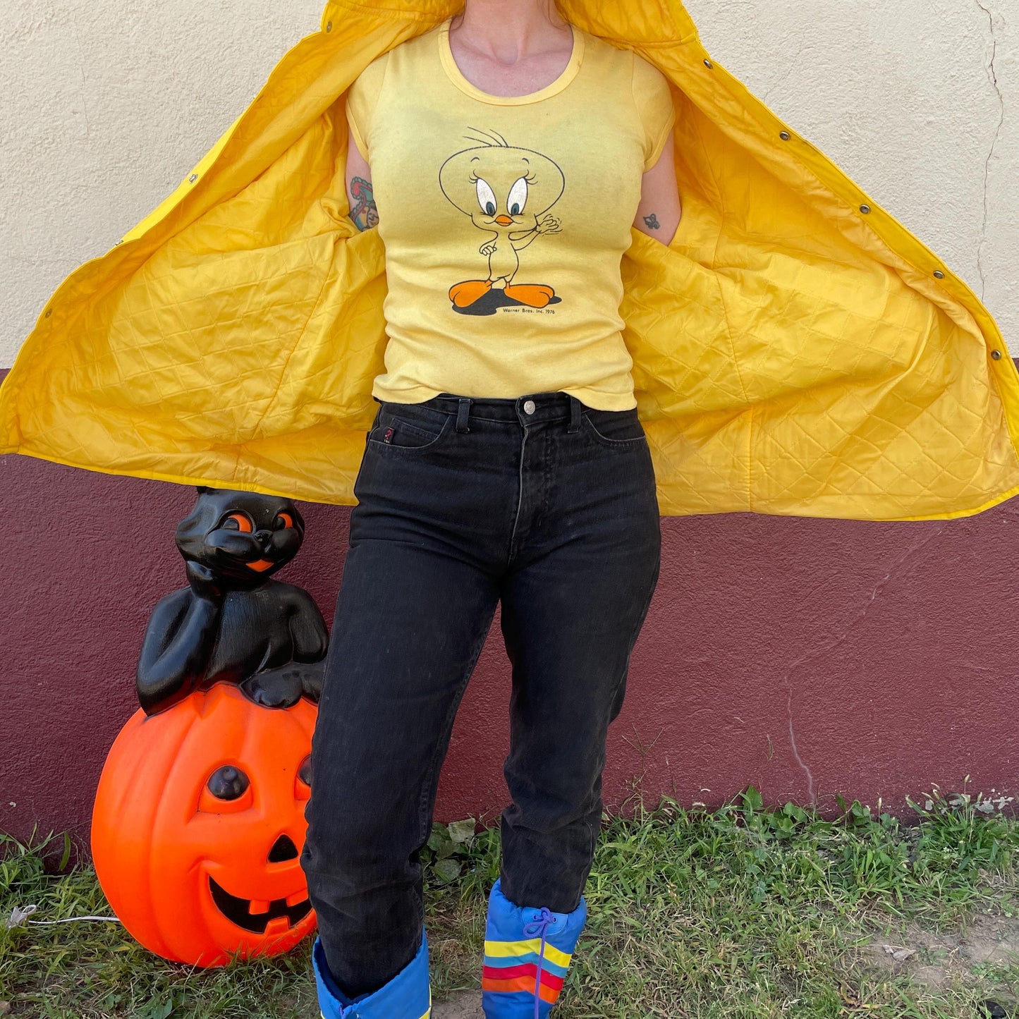 vtg 80s VINYL RAIN JACKET // vintage yellow lightly quilted hooded windbreaker autumn stranger things 90s grunge pvc wet shiny waterproof