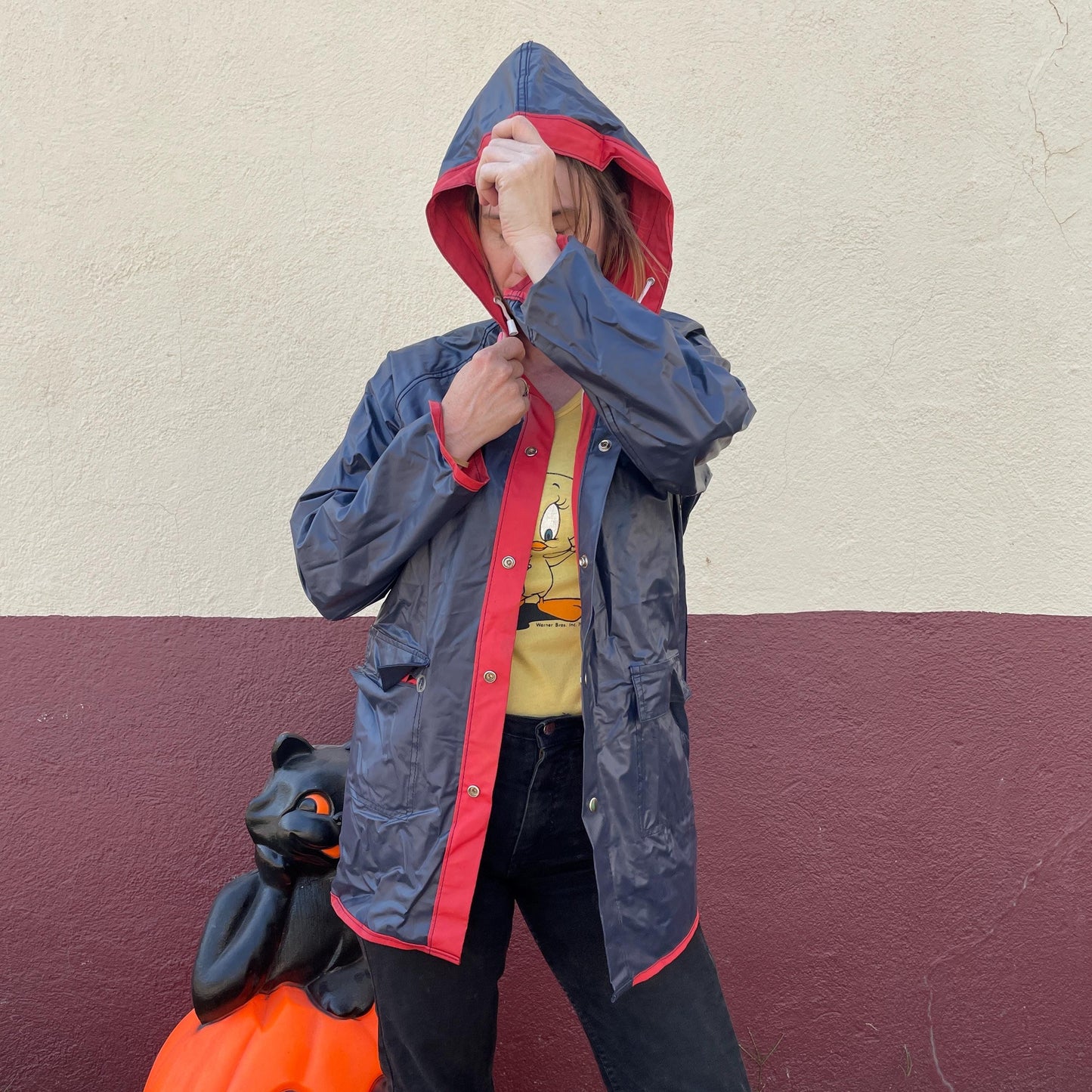 vtg 80s LACOSTE RAIN JACKET // vintage reversible vinyl hooded autumn stranger things grunge pvc wet shiny red blue lightweight fall parka