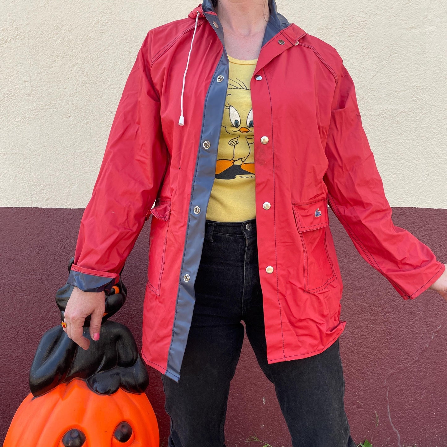 vtg 80s LACOSTE RAIN JACKET // vintage reversible vinyl hooded autumn stranger things grunge pvc wet shiny red blue lightweight fall parka