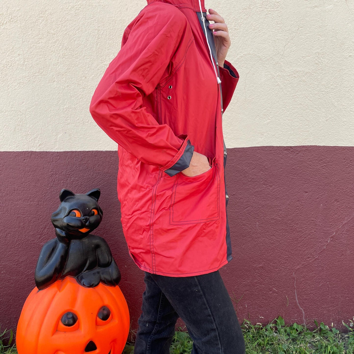 vtg 80s LACOSTE RAIN JACKET // vintage reversible vinyl hooded autumn stranger things grunge pvc wet shiny red blue lightweight fall parka