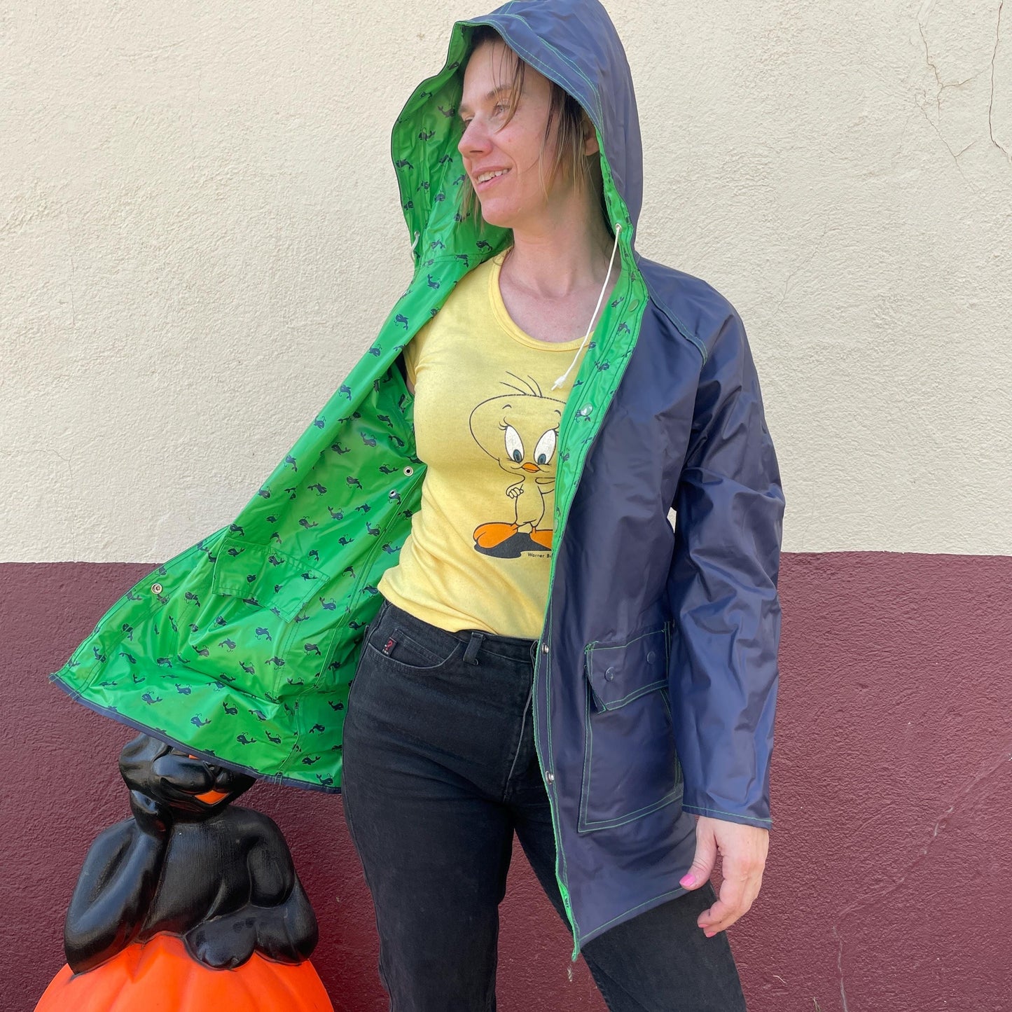 vtg 80s WHALE PATTERNED JACKET // vintage reversible hooded stranger things blue green cute pvc wet shiny lightweight waterproof parka