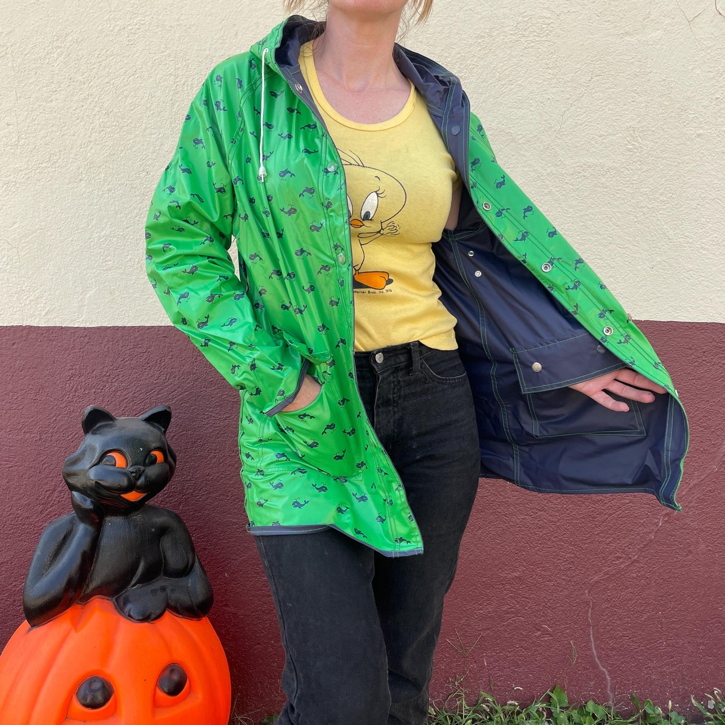 vtg 80s WHALE PATTERNED JACKET // vintage reversible hooded stranger things blue green cute pvc wet shiny lightweight waterproof parka