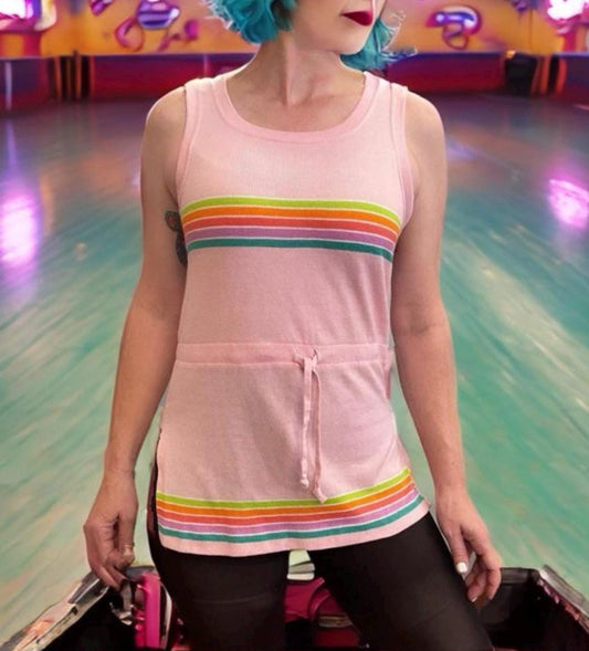 vtg 90s STRIPED MINI DRESS / baby pink 70s retro color way cinch belt side slits micro mini beach dress cover up 90s does 70s roller disco