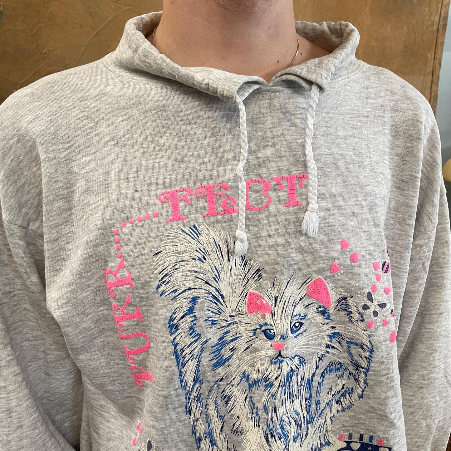 vtg 80s CAT SWEATSHIRT // vintage sweater cute boxy fit kitty heather grey drawstring collar kitten fur babies mother dad ironic retro shirt