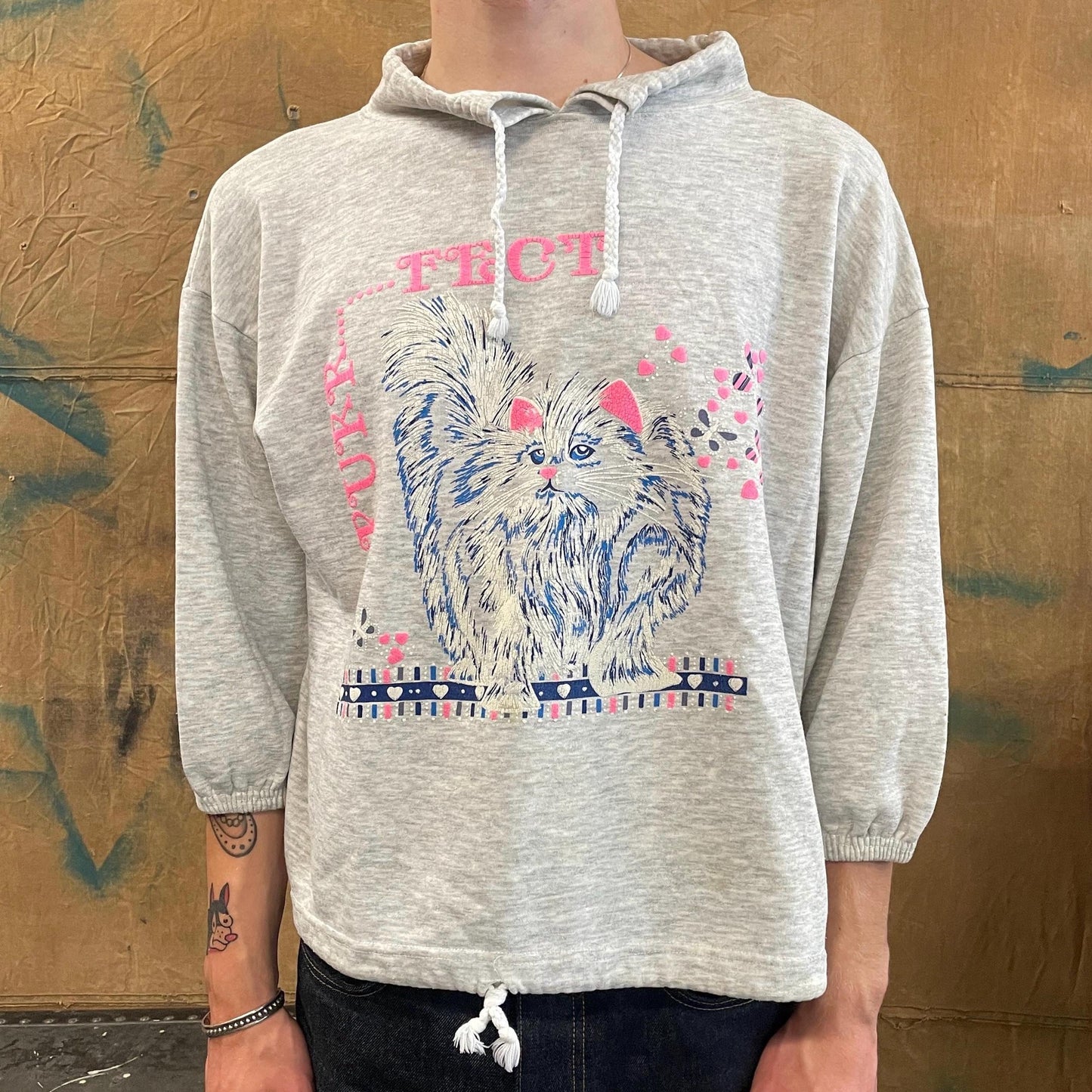 vtg 80s CAT SWEATSHIRT // vintage sweater cute boxy fit kitty heather grey drawstring collar kitten fur babies mother dad ironic retro shirt