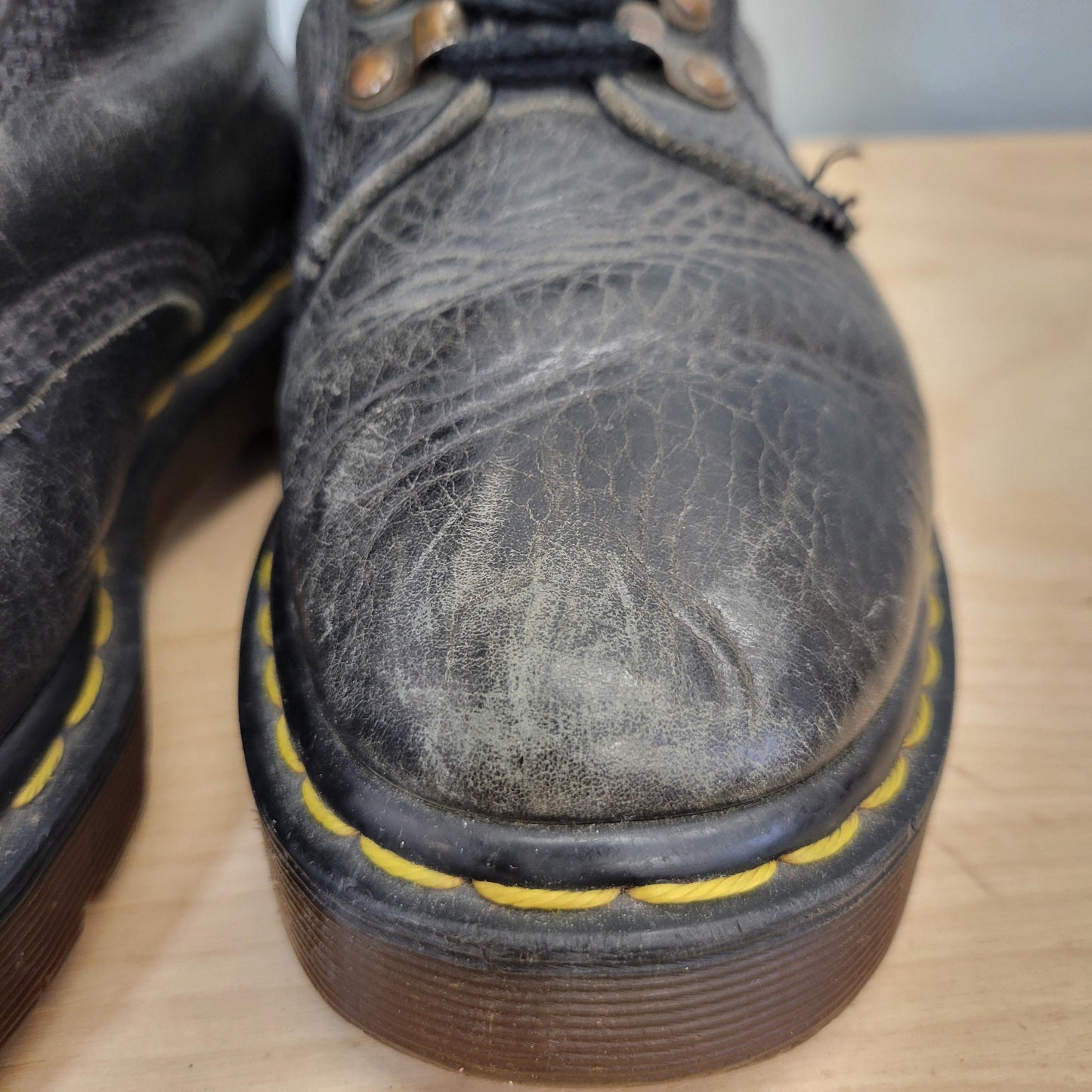 vtg 90s LEATHER DR MARTENS boots // vintage tunnel loop made in england black punk artsy rugged womens 8 grunge worn in ankle combat boots