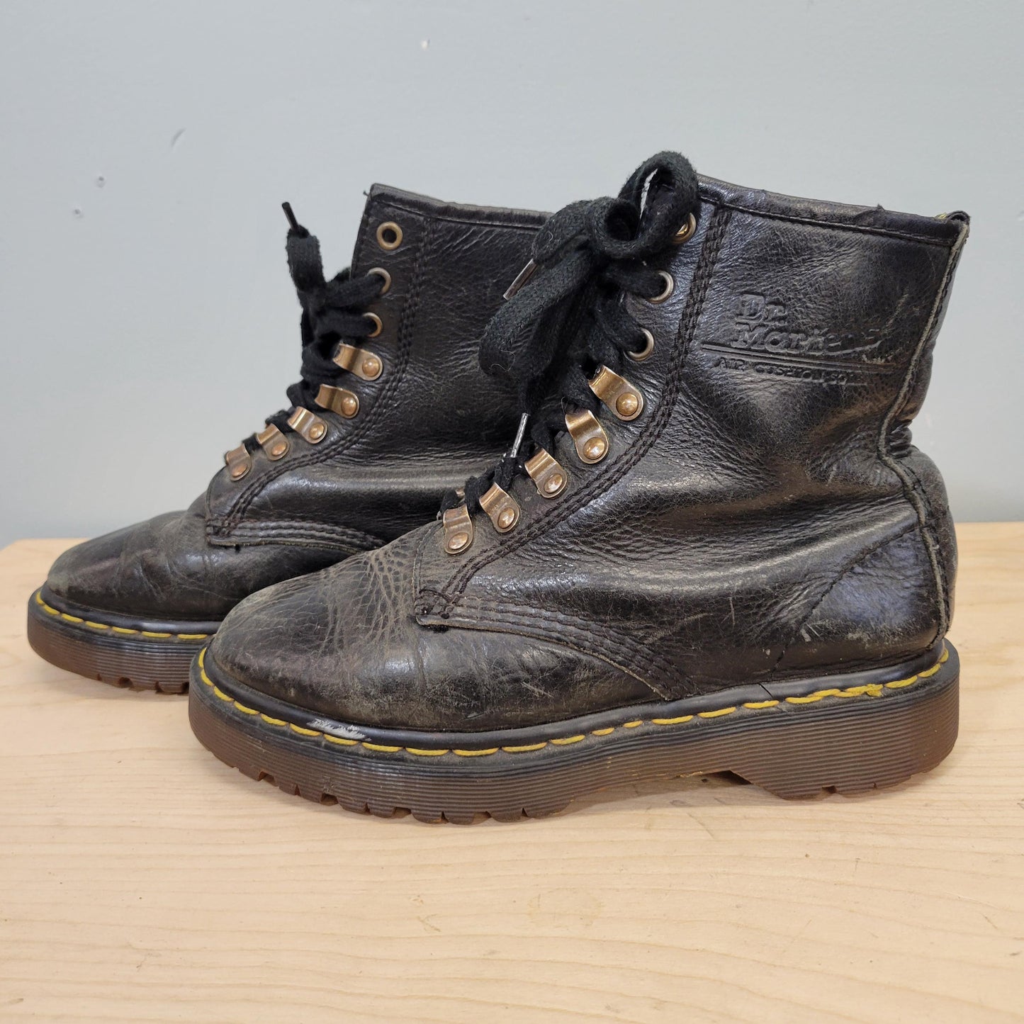 vtg 90s LEATHER DR MARTENS boots // vintage tunnel loop made in england black punk artsy rugged womens 8 grunge worn in ankle combat boots