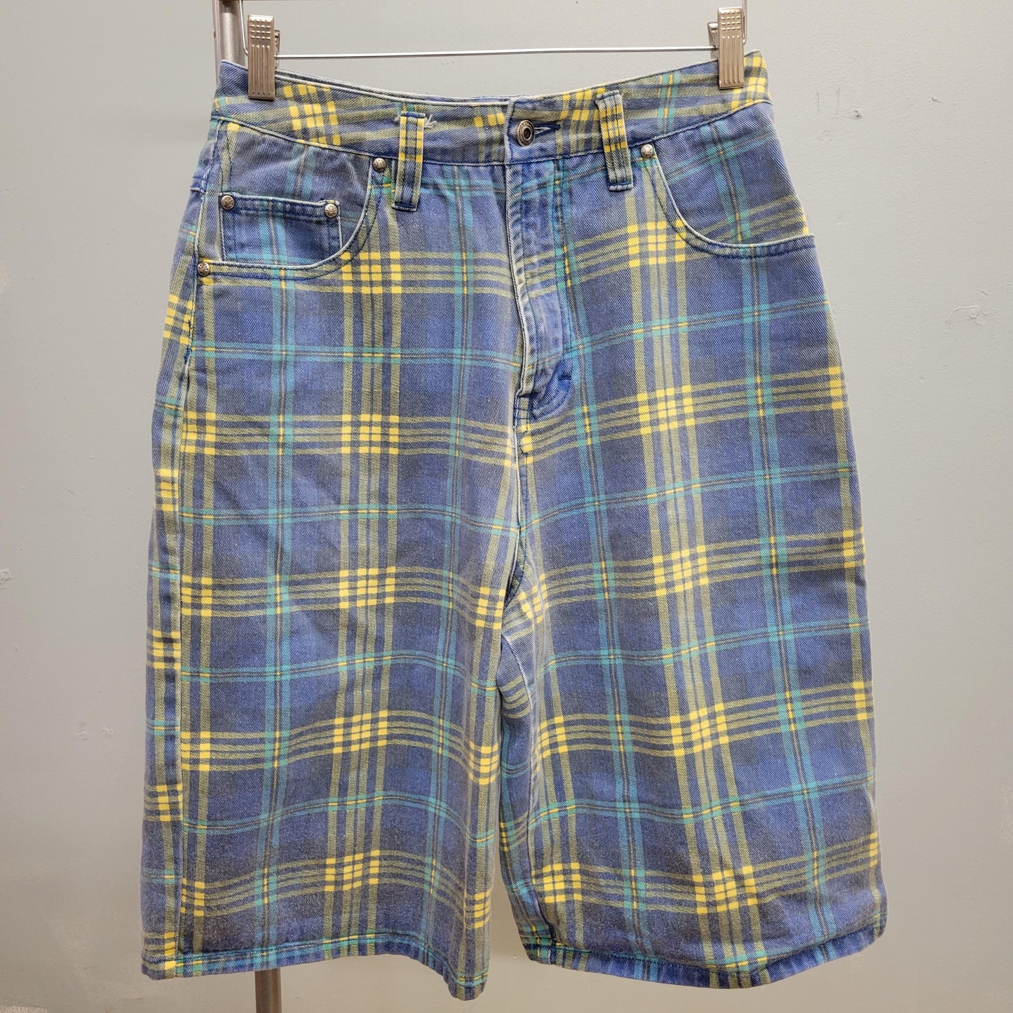 vtg 90s PLAID UNIONBAY baggy SHORTS // vintage pastel blue & yellow denim jorts retro grunge girl unisex hip hop cute casual plaid pants