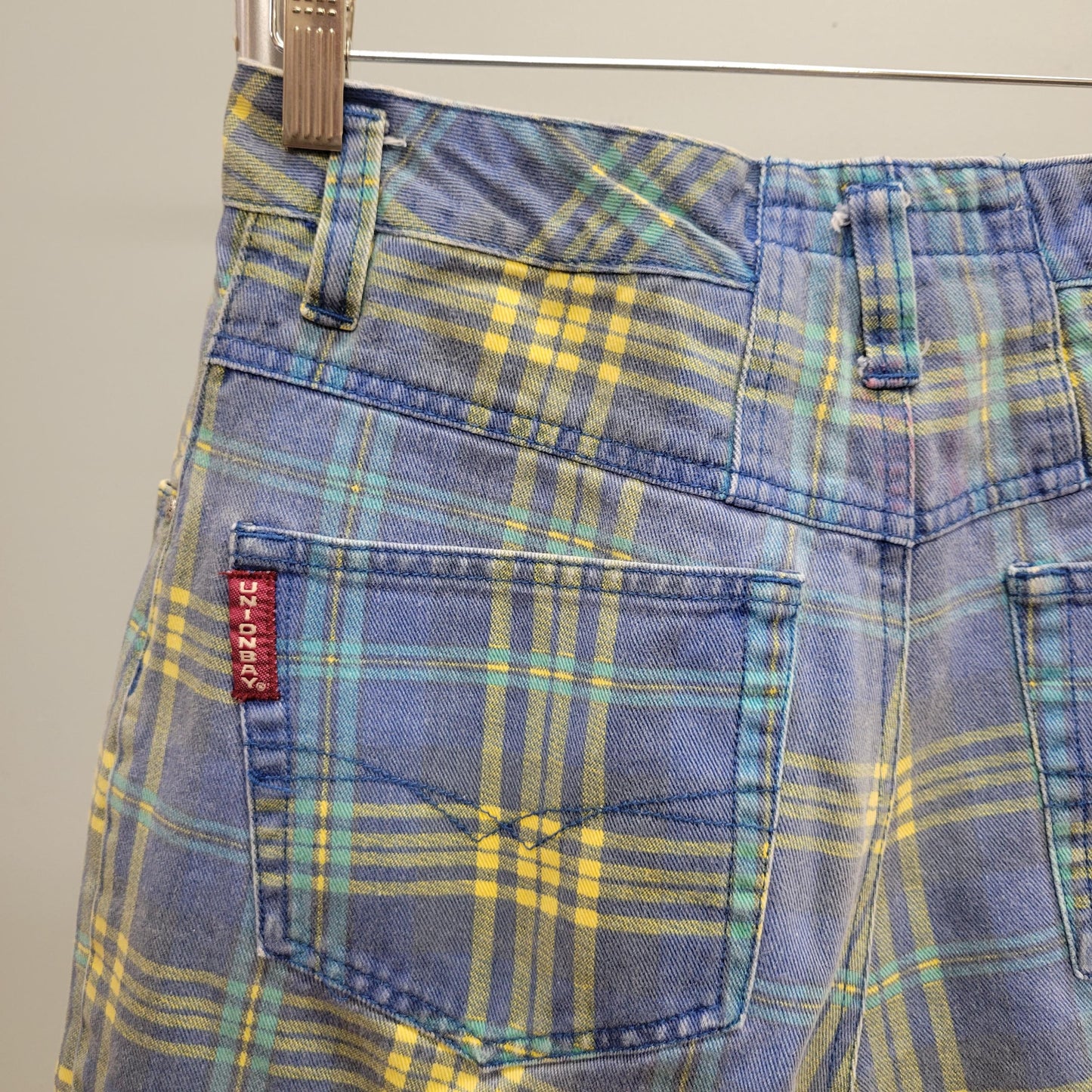 vtg 90s PLAID UNIONBAY baggy SHORTS // vintage pastel blue & yellow denim jorts retro grunge girl unisex hip hop cute casual plaid pants