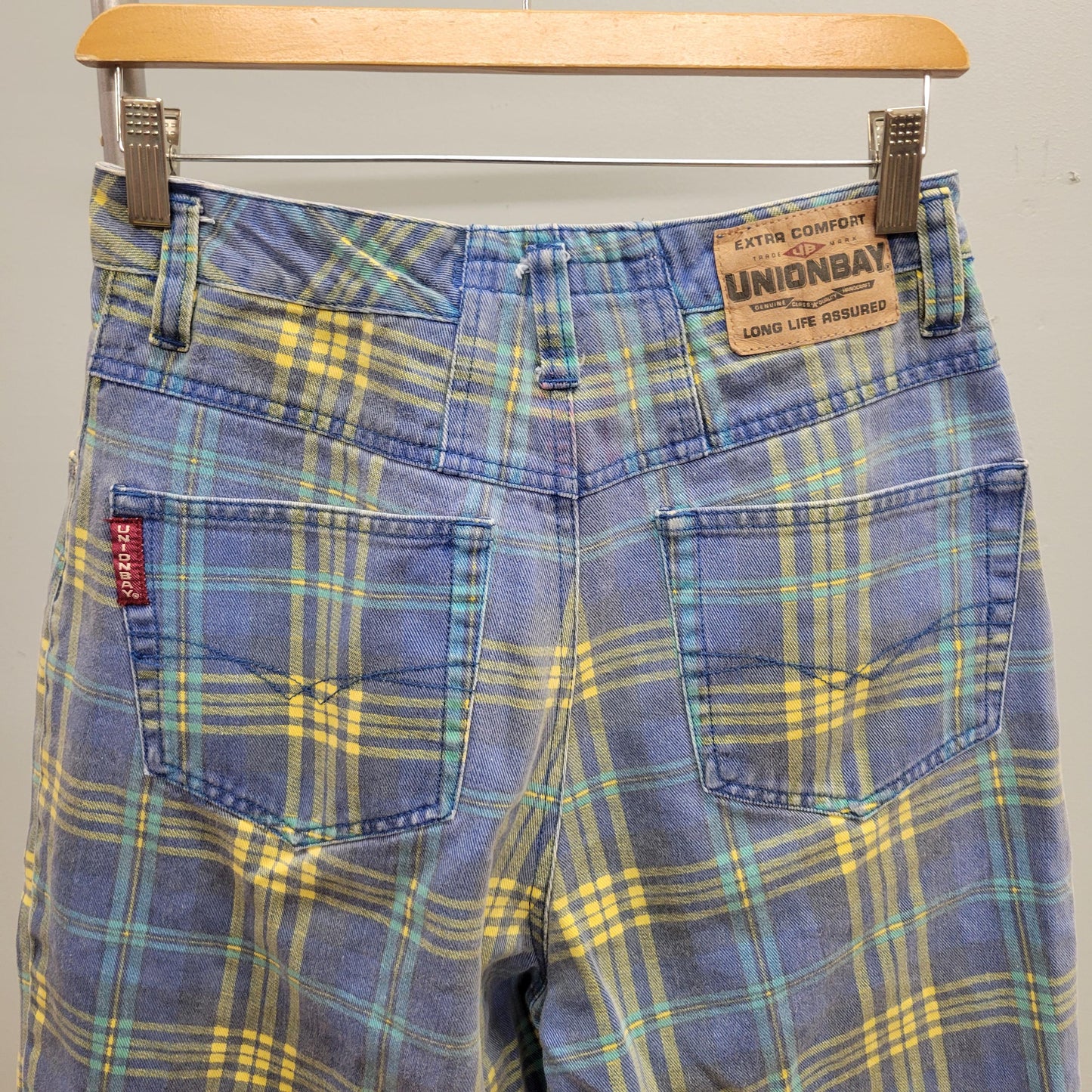 vtg 90s PLAID UNIONBAY baggy SHORTS // vintage pastel blue & yellow denim jorts retro grunge girl unisex hip hop cute casual plaid pants