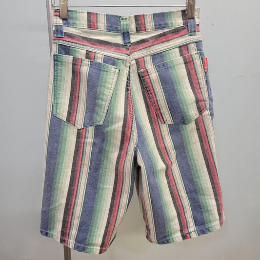 vtg 80s STRIPED DENIM SHORTS // vintage size 6 multicolor long denim jorts retro 90s grunge style rainbow maximalist hip hop funky skater