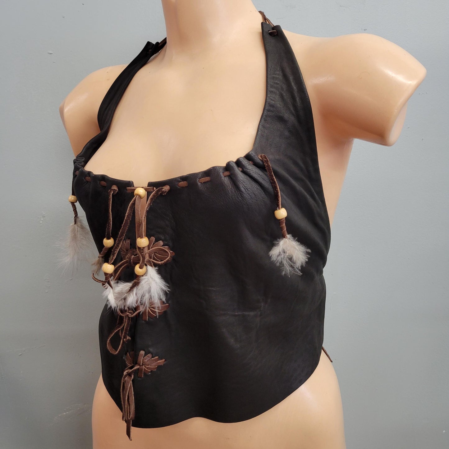 vtg 70s LEATHER LACE UP Top // vintage black leather strap up halter top hippie western bohemian festival style crop top sexy biker babe