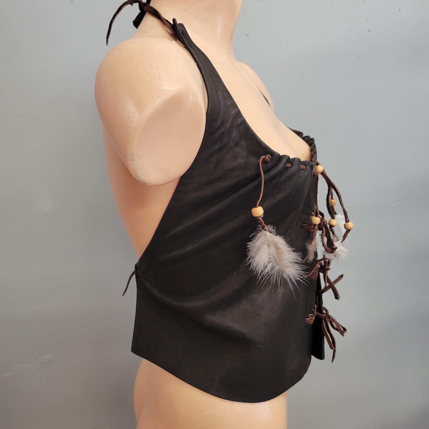 vtg 70s LEATHER LACE UP Top // vintage black leather strap up halter top hippie western bohemian festival style crop top sexy biker babe