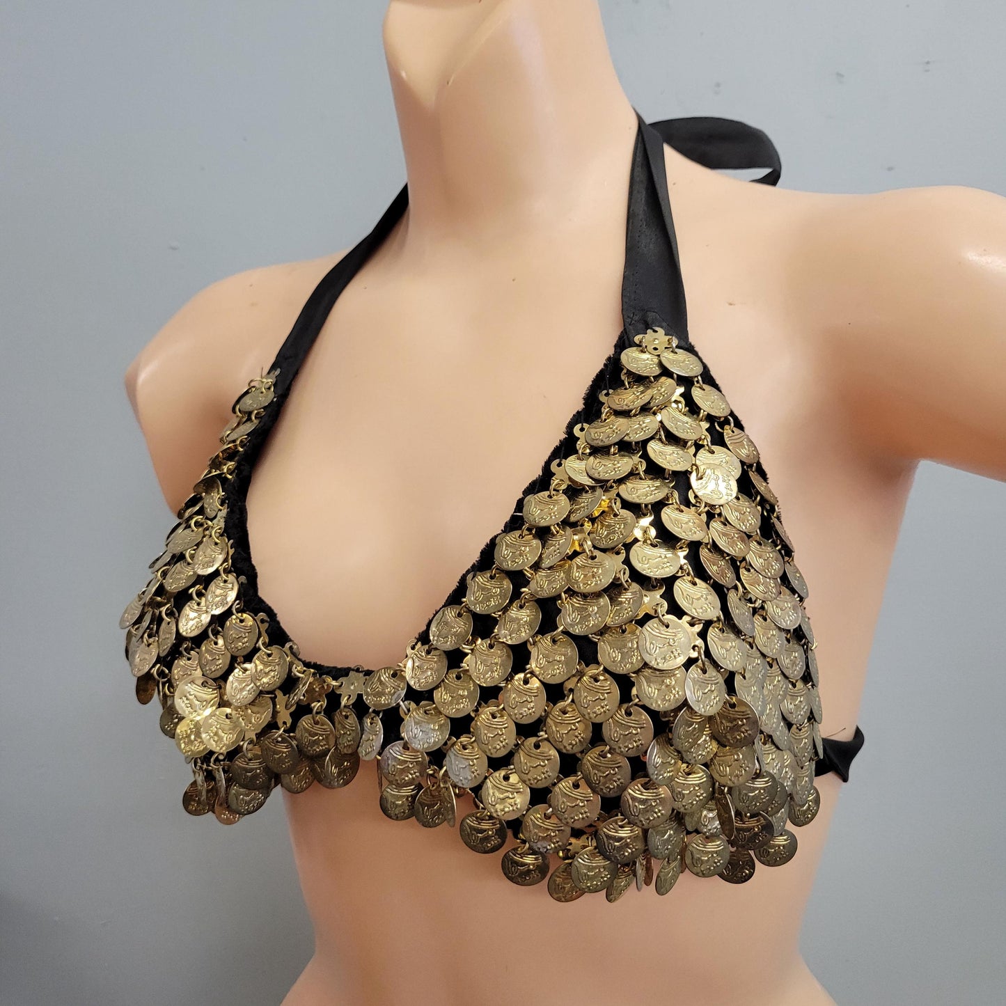 vtg 70s VELVET GOLD COIN Top // vintage bikini style belly dancer shimmy bra top moneymaker sexy festival hippie boho wild woman bohemian
