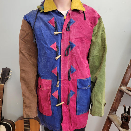 vtg 80s EGDON HEATH JACKET // vintage new with tags color block neon pink multicolor leather long toggle hooded winter coat funky bright